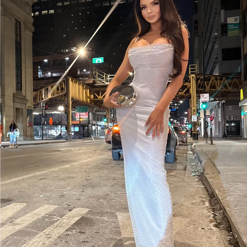 House of CB Silver Bodycon Maxi Dress Sweetheart Neckline